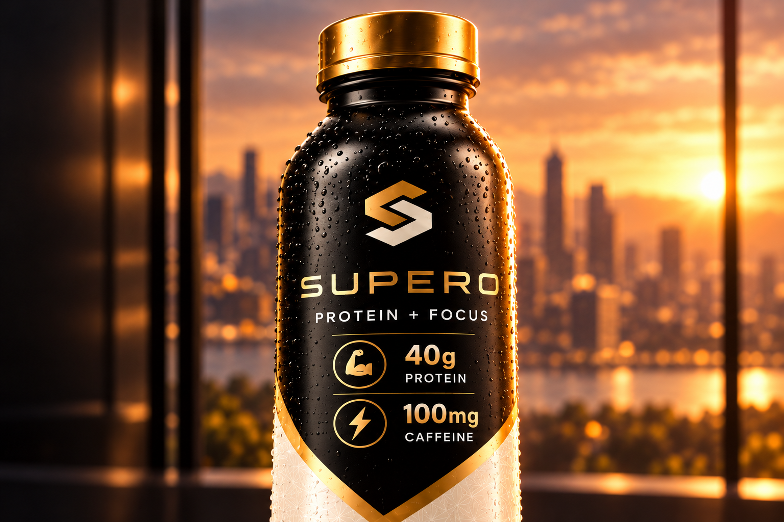 Close view of the proposed gold cap, SUPERO lettering, and protein and caffeine icons.