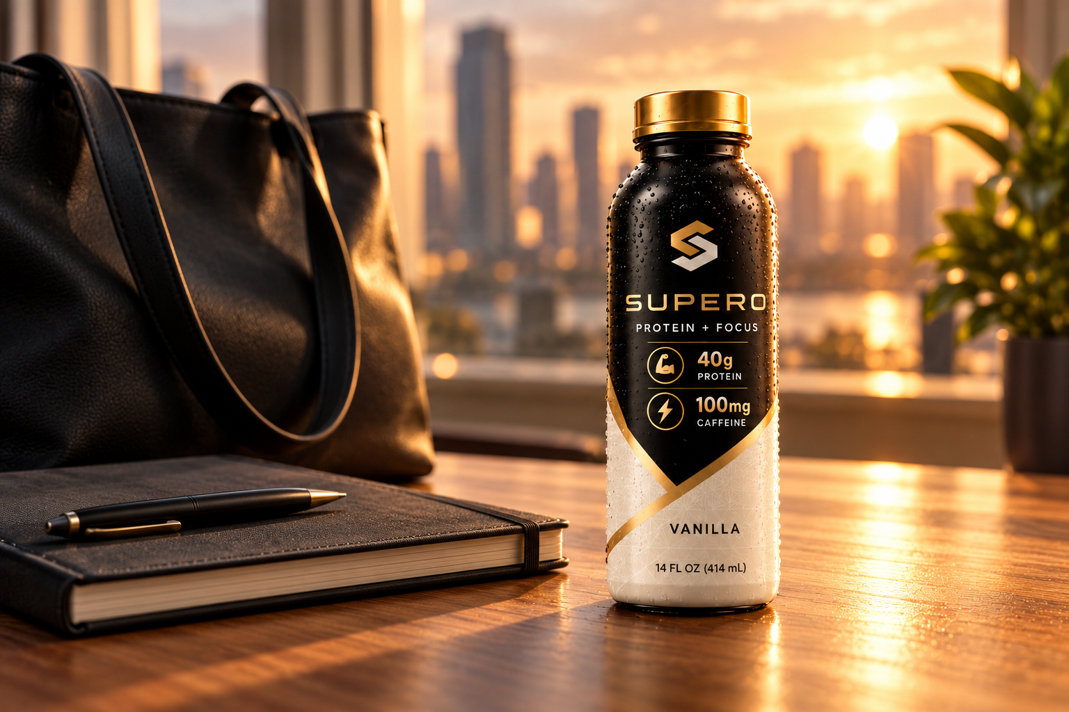 Vanilla SUPERO concept bottle on a desk beside a notebook and an everyday tote bag.