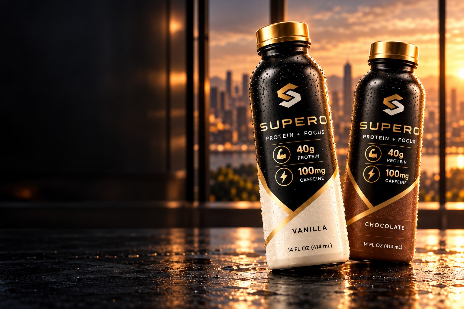 Chilled vanilla and chocolate SUPERO concept bottles, with gold caps, against a golden city sunset.
