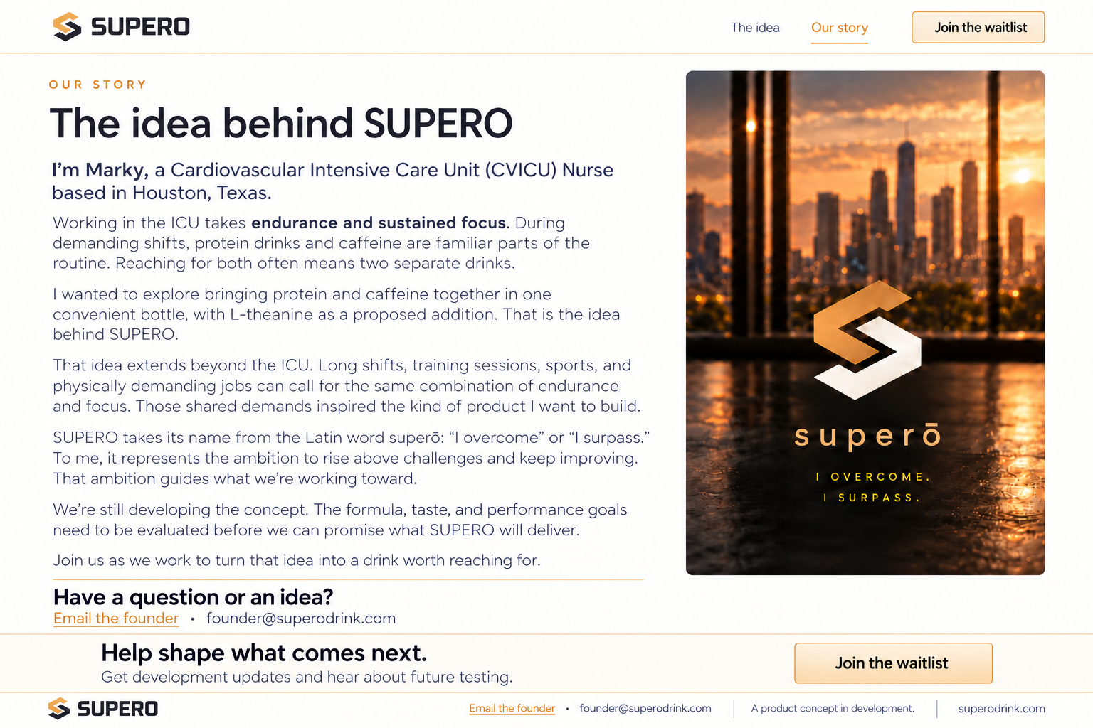 SUPERO symbol over an illustrative golden city sunset. Superō: I overcome. I surpass.